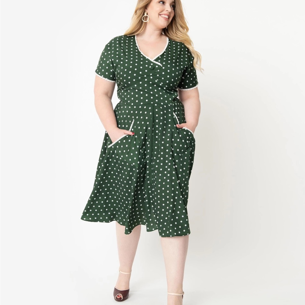 Unique Vintage 1950s Dark Green & White Polka Dot Goldie Swing Dress XS/2 - Picture 2 of 4